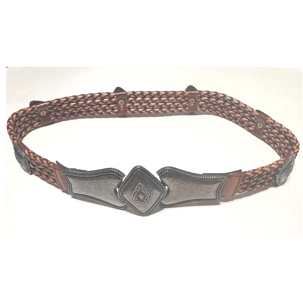 Vintage Made in Spain Braided Leather Belt Brown Silver Western Boho Concho S